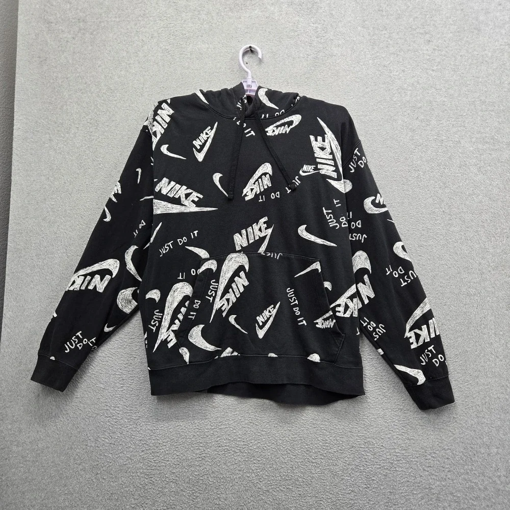 Nike Men Hoodie XXL Black Graphic Fleece AOP Logo Allover Print READ